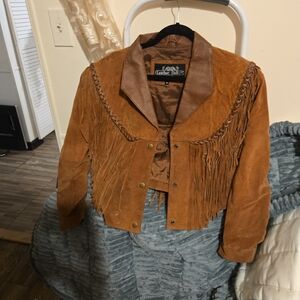 VTG Leater Jacket Womens Brown Suede Leather Fringe Western Cropped 80s, Sz M